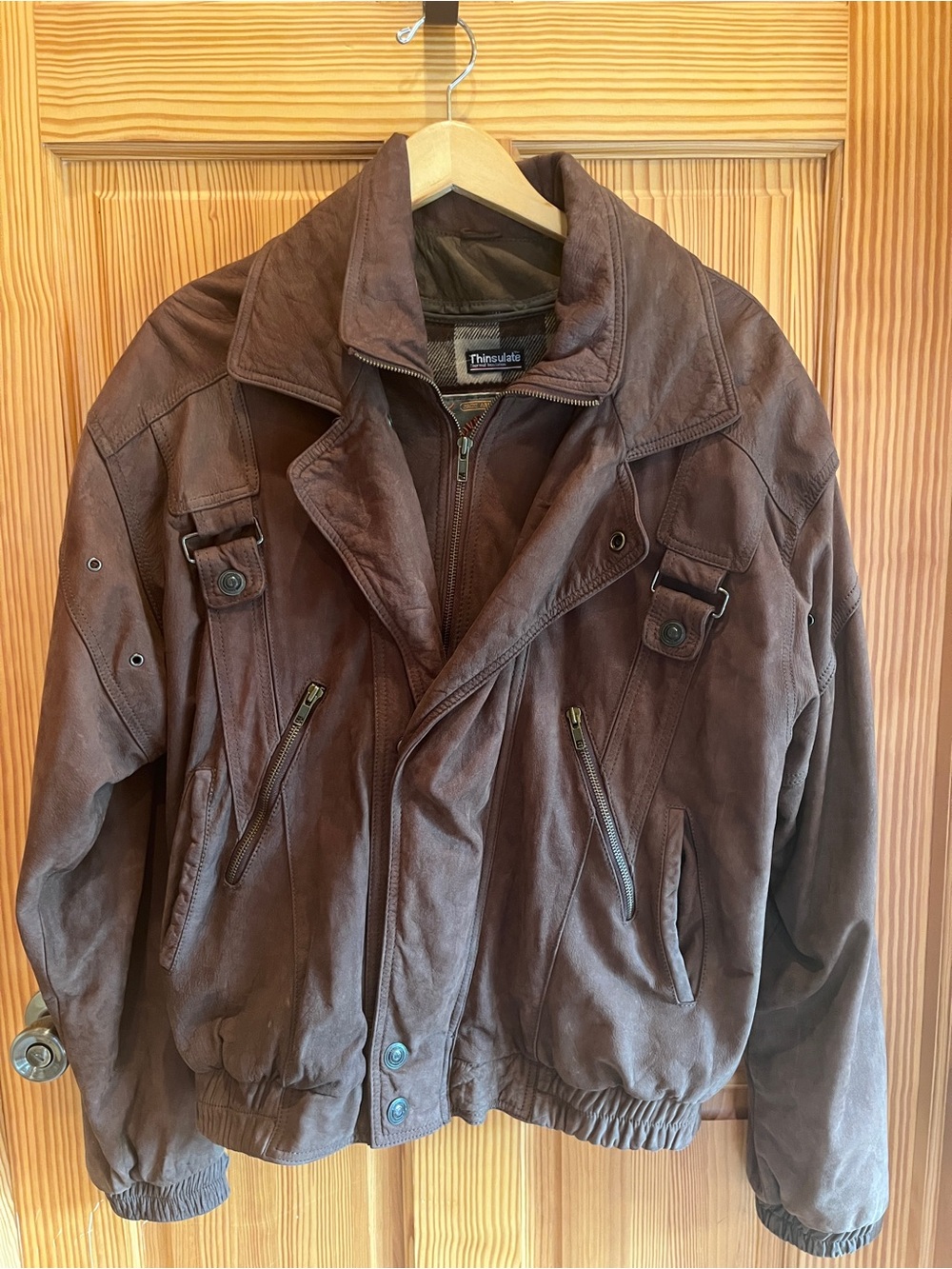 Wilsons Adventure Bound Brown Leather Bomber Jacket w Removable Plaid Liner